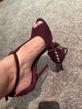 SCHUTZ Burgundy Suede Peep-Toe Slingback Heels with Gold Studs